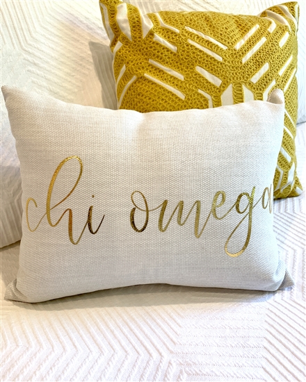 Gold Script Throw Pillow Chi Omega